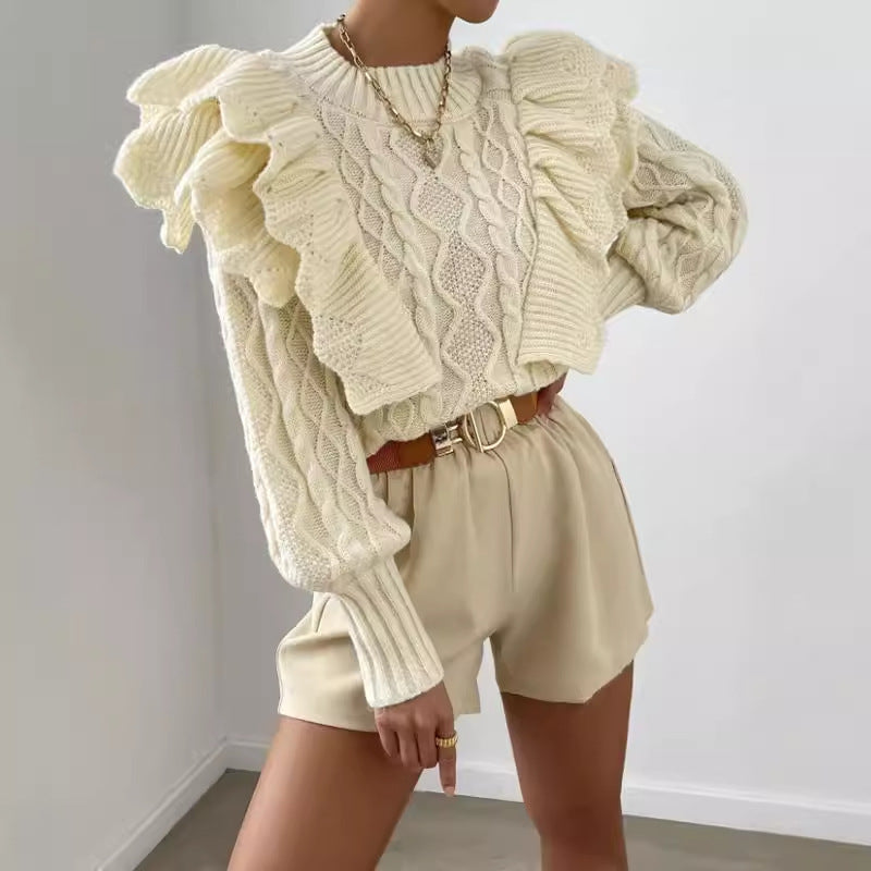 Cable Knit Ruched Shoulder Crop Knit Sweater