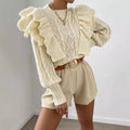Women's Knit Sweater – Crop Fit – Cable Knit – Ruched Shoulder – Long Sleeves