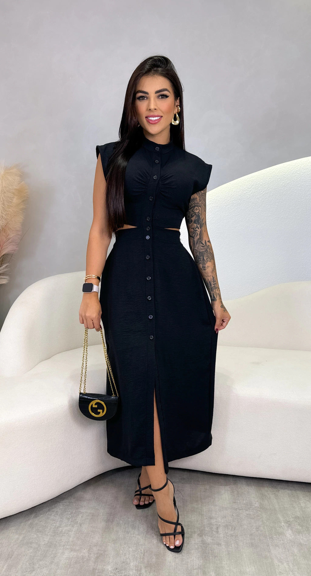 Women's Midi Dress – Slim Fit – Sleeveless – Cut-Out Sides – Stand Collar – Button Closure
