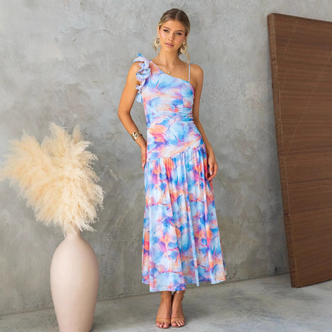 Mesh Abstract Print Slim Fit Midi Dress