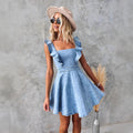 Women's Dress – Denim – Fit and Flare – Ruched Sleeves – Square Neck – Mini Length