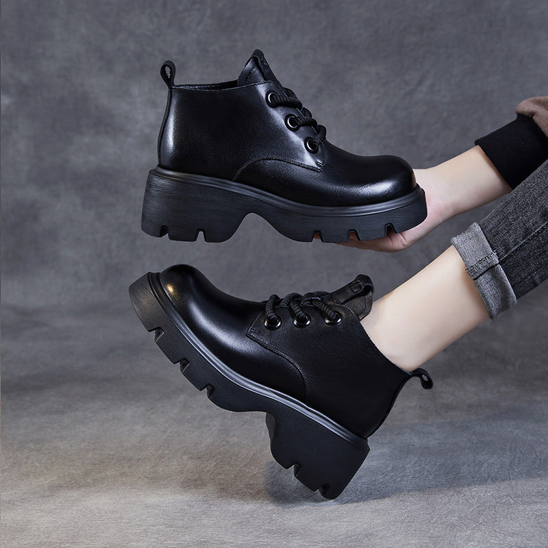Women's Boots – Genuine Leather – High Shaft – Thick Sole – Lace-Up Closure