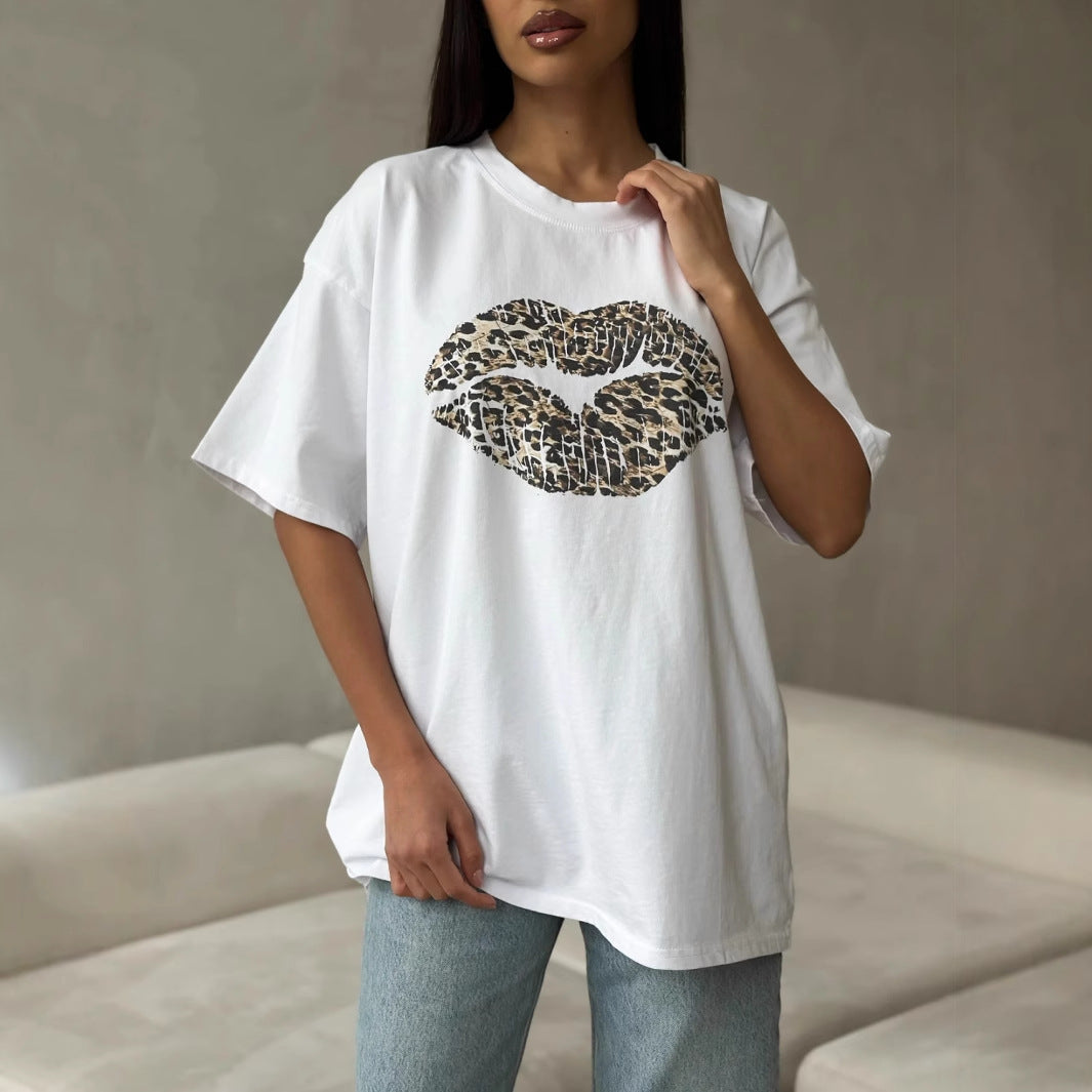 Loose Fit Cotton Blend Leopard Lips T-shirt