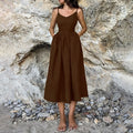 Dress for Women – Midi – Light and Breathable – V-Neckline – Open Back – Slit – Adjustable Straps