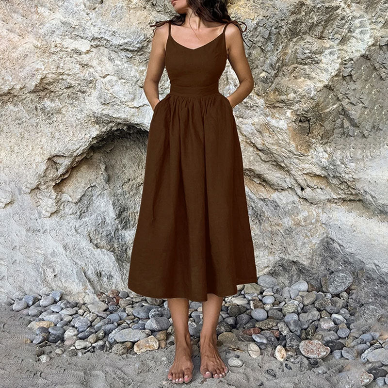 Dress for Women – Midi – Light and Breathable – V-Neckline – Open Back – Slit – Adjustable Straps