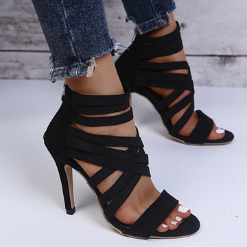 Suede Stiletto Cut-Out Ankle Strap Sandals