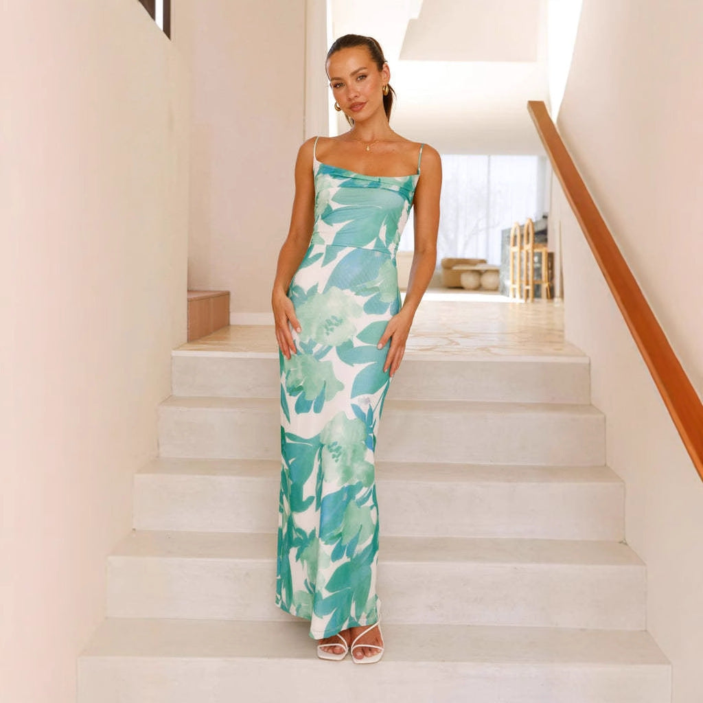 Women's Maxi Dress – Bodycon Fit – Spaghetti Straps – Floral Print – Sleeveless