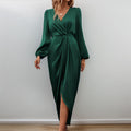 Dress for women – Long-sleeved – Satin look – V-neck – Slit – Ruched waist
