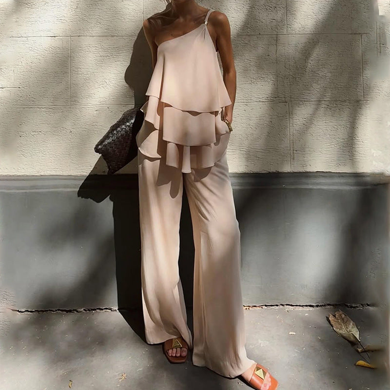 Women's Jumpsuit – Asymmetric Ruffle Top – Wide Legs – Light and Breathable Fit