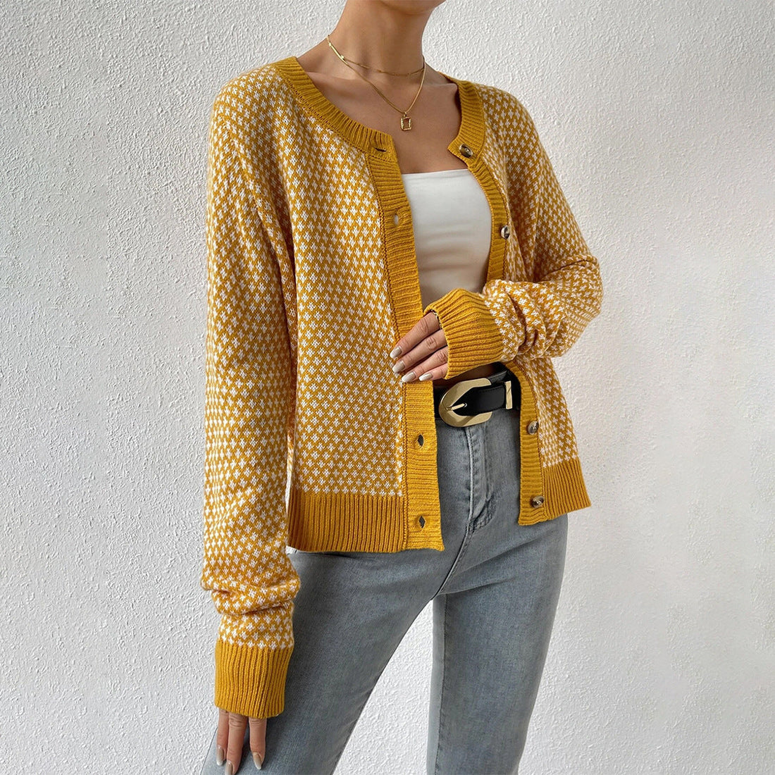 Dame Cardigan – Uldblanding Strik – Knaplukning – Ribkanter – Geometrisk Mønster