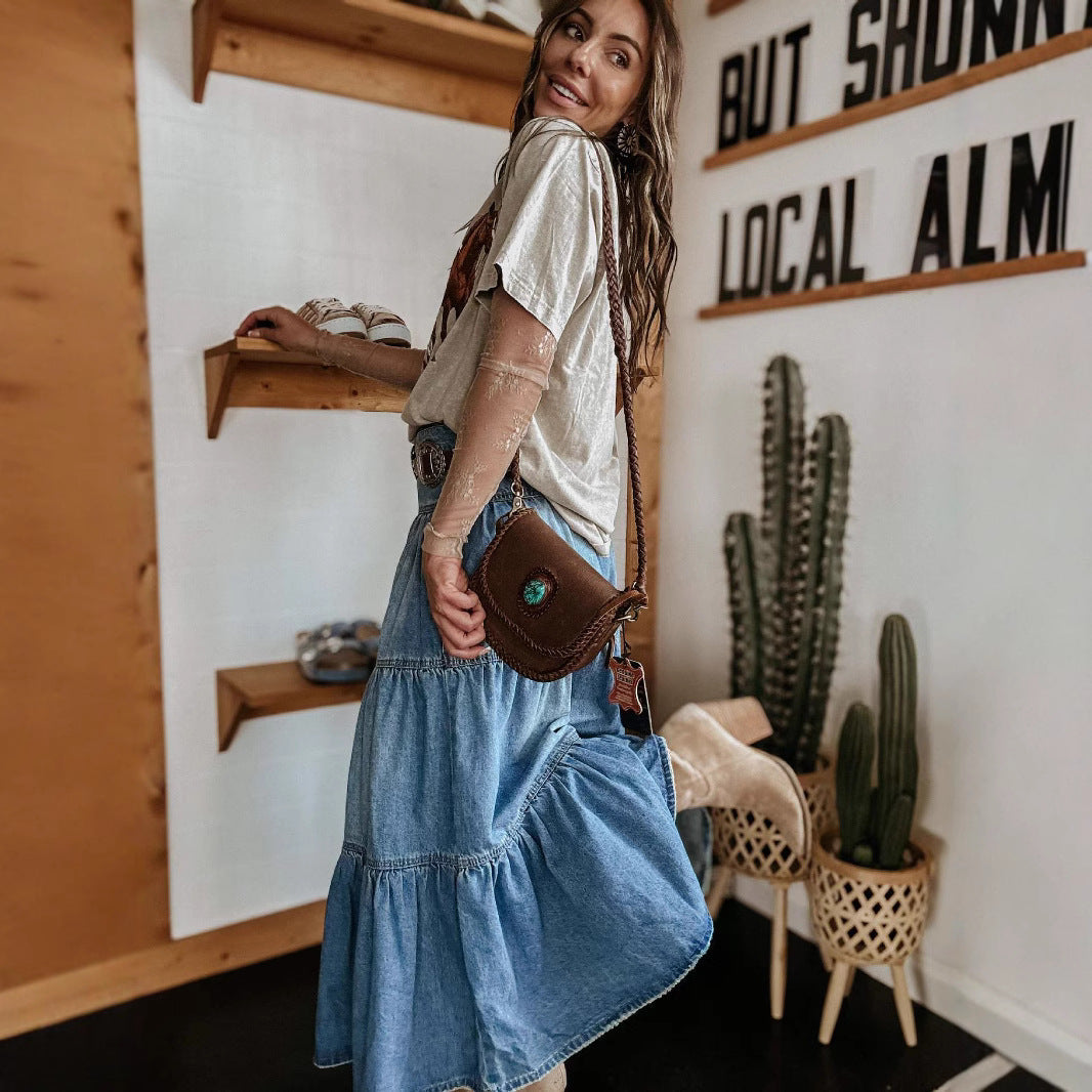 Dame Nederdel – A-line Pasform – Denim – Mellemlang – Knaplukning – Lagdelt Design