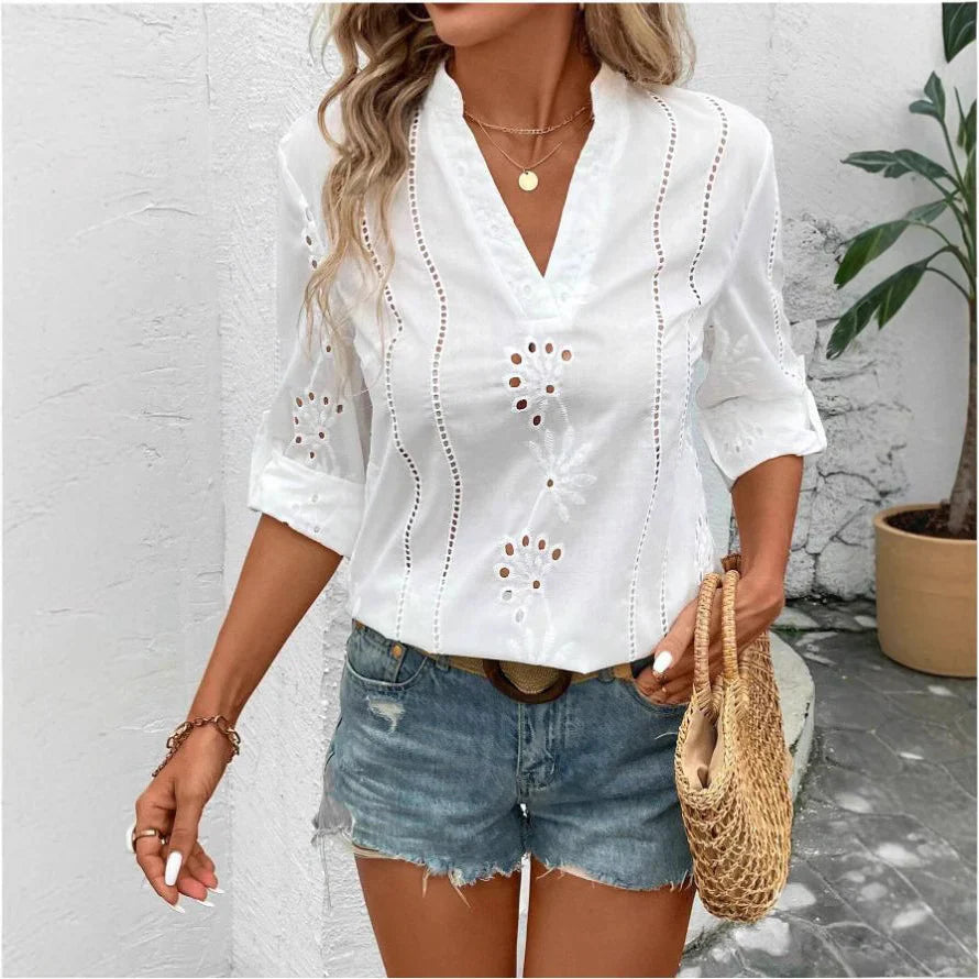 Breathable Cotton Blend Lace Detail Blouse