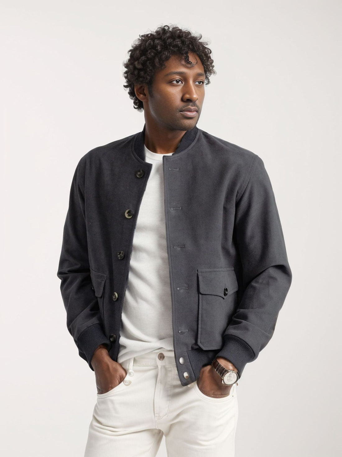 Wool Blend Structured Ribbed Collar Jacket