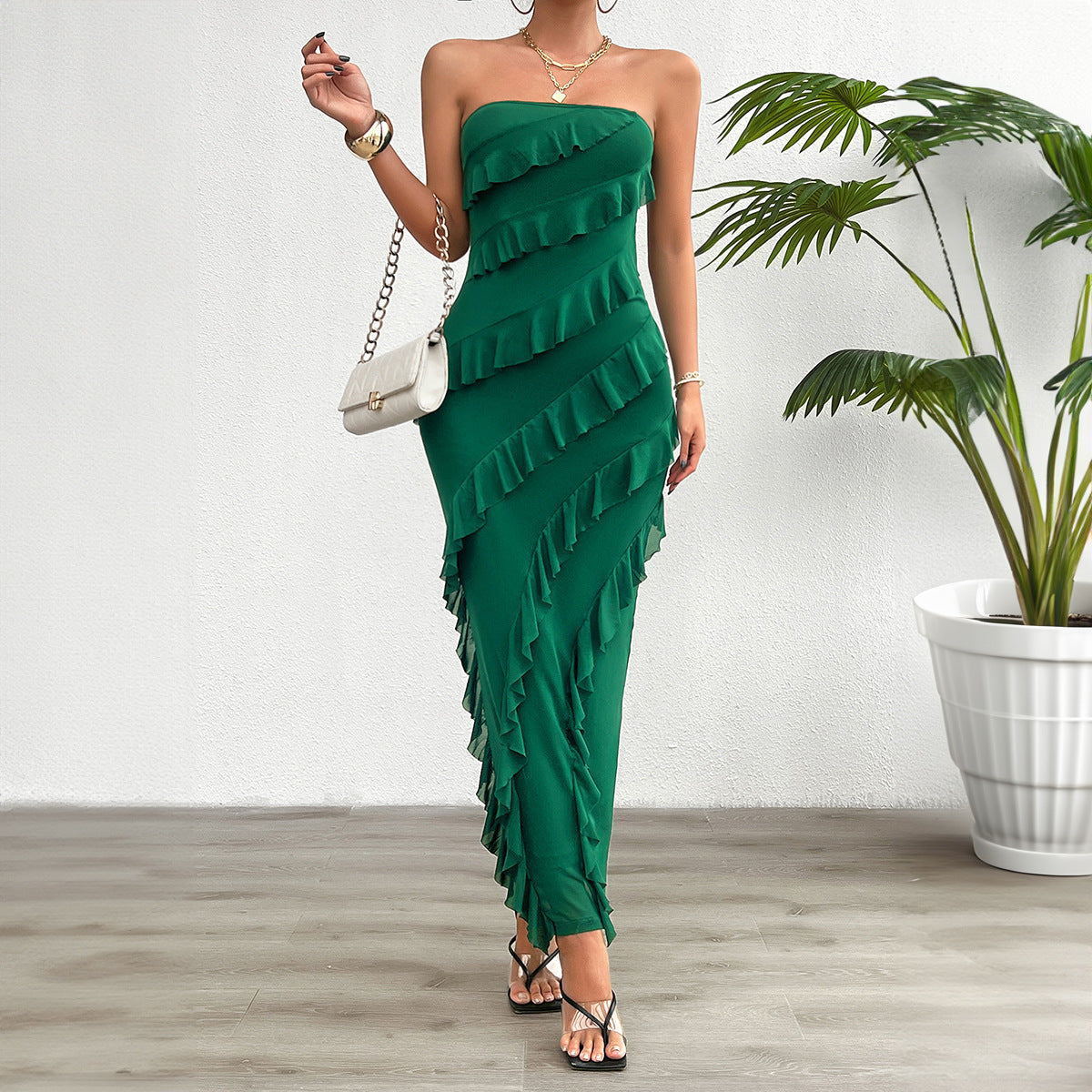Dress for Women – Strapless – Tailored – Ankle-Length – Asymmetric Ruffle Details