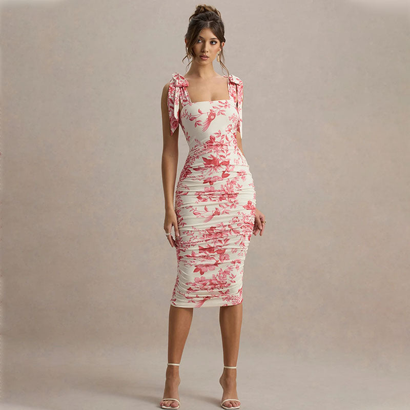 Tie Shoulder Floral Bodycon Dress