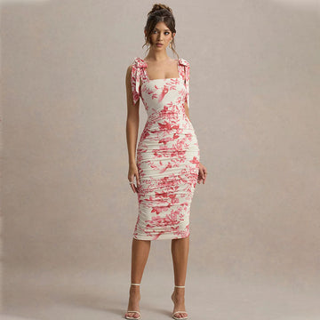 Tie Shoulder Floral Bodycon Dress