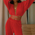 Women's Set with Crop Top and Pants – Ribbed – Relaxed Fit – Drawstring – Full Length