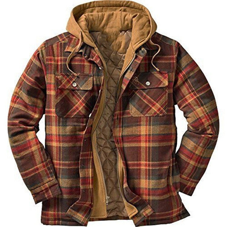 Men's Jacket with Hood – Thick Cotton – Quilted Lining – Casual Fit – Checkered Design