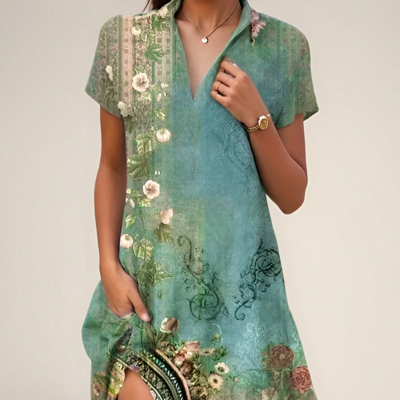 Dress for women – Maxi length – Loose fit – Short sleeve – Bohemian pattern