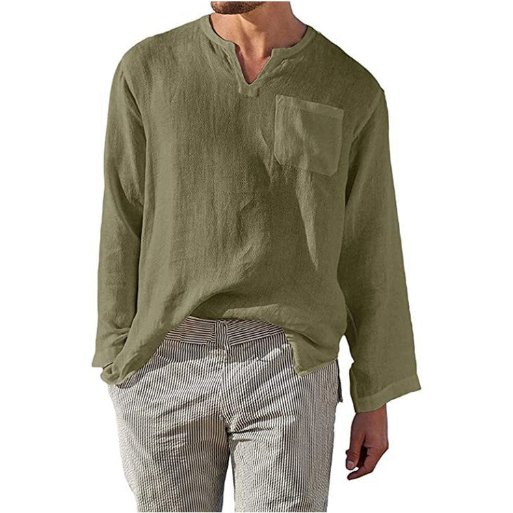 Men's Shirt with Long Sleeves – Linen-Cotton Blend – Relaxed Fit – Mandarin Collar