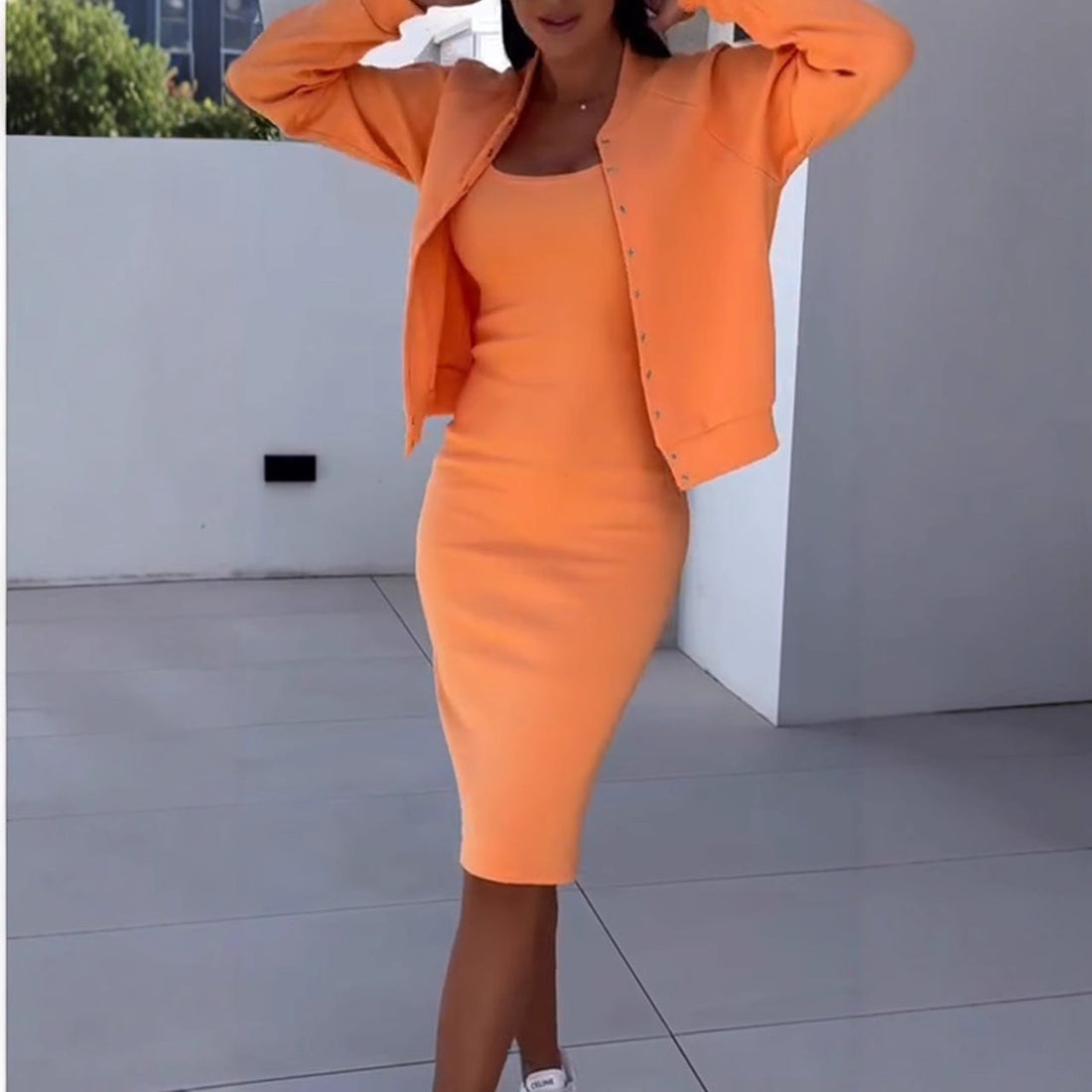 Two-Piece Slim Stretch Knit Midi Slip Dress