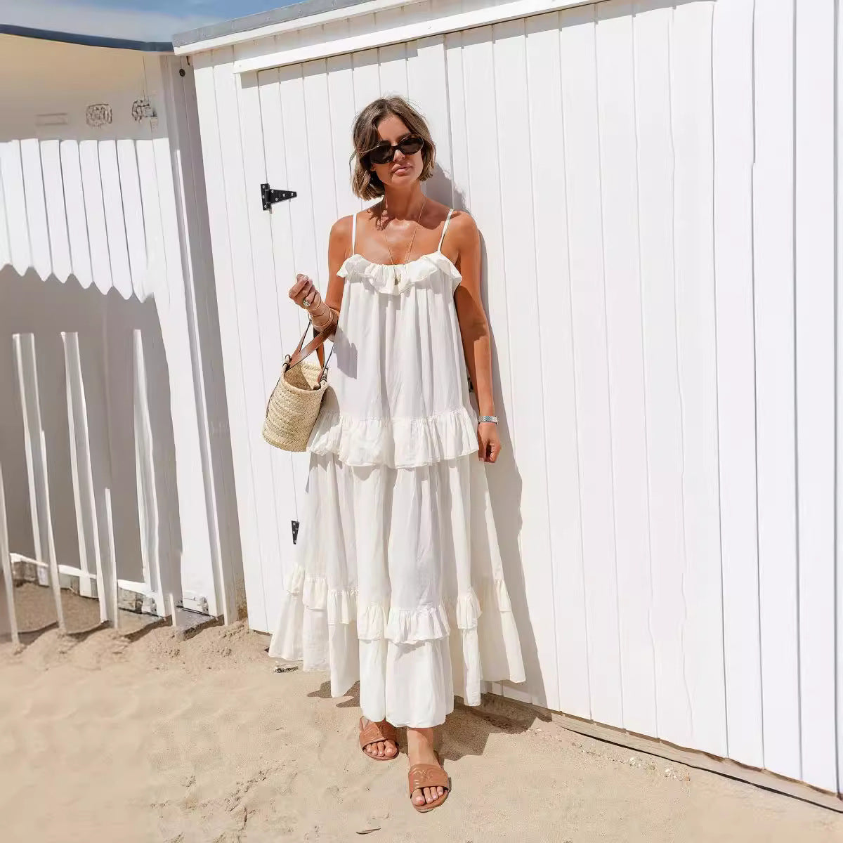 Cotton Blend Flowy Ruffle Maxi Dress