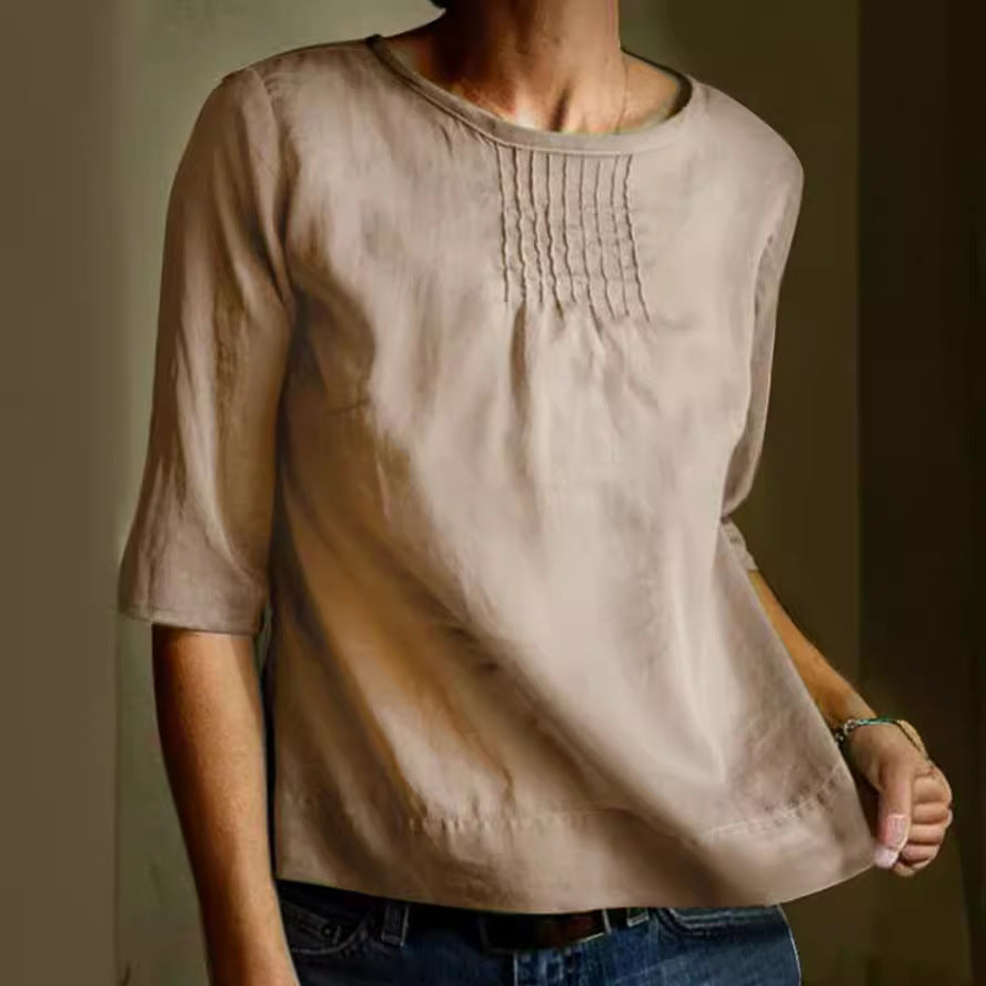 Women's Blouse – Cotton Linen Blend – Loose Fit – 3/4 Sleeve – Pleated Front