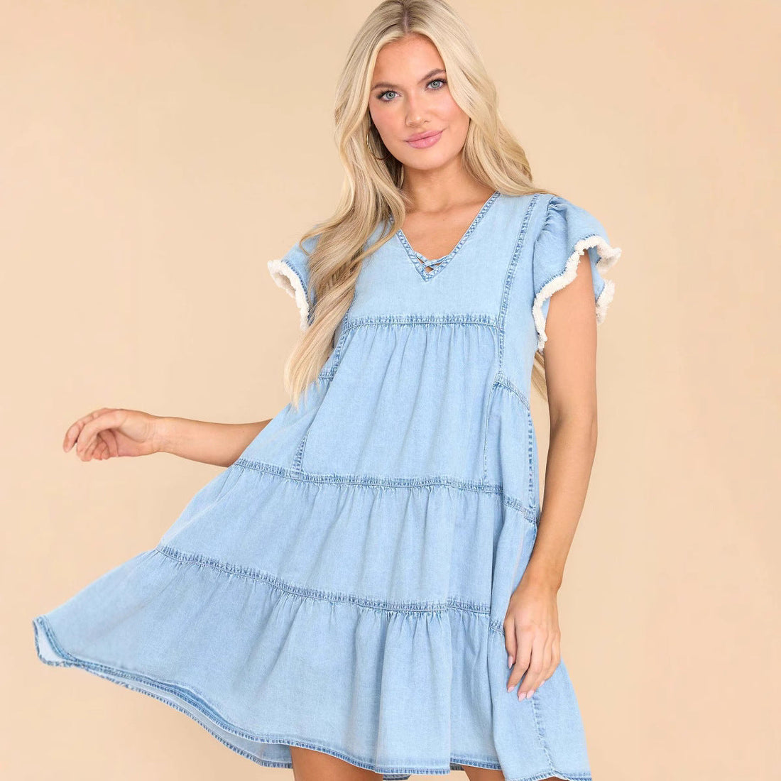 Denim A-line Mini Ruffle Sleeve Dress