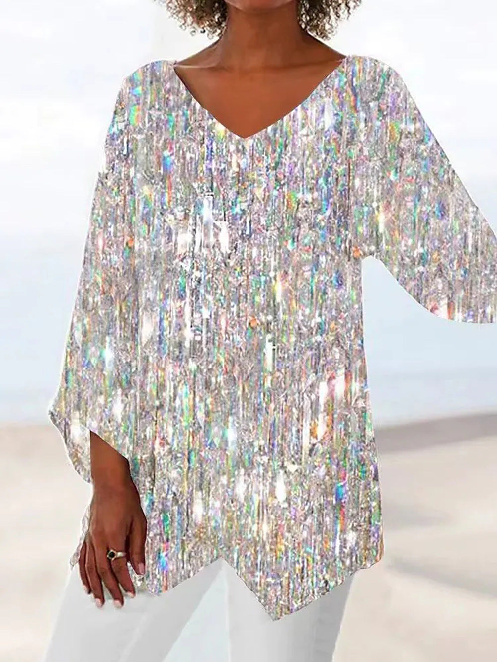 Loose V-Neck Print Top