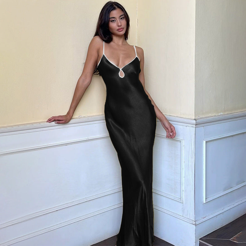 Women's Slip Dress – Elegant Satin Look – Slim Fit – Strap Sleeves – Keyhole Detail