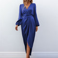 Dress for women – Long-sleeved – Satin look – V-neck – Slit – Ruched waist