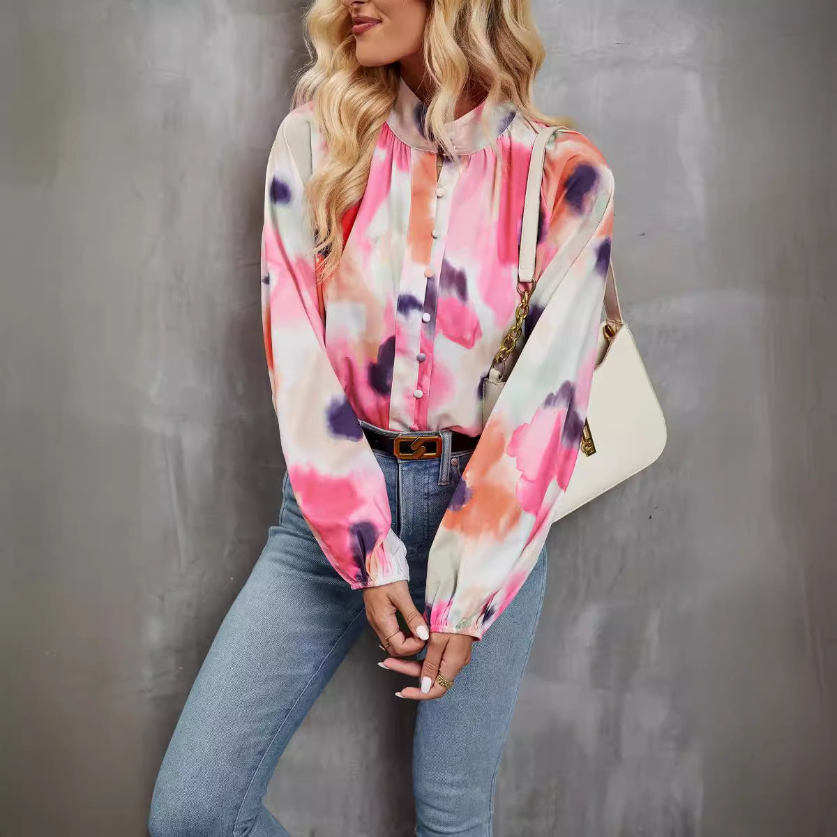 Lightweight Breathable Artistic Print Long-Sleeved Blouse