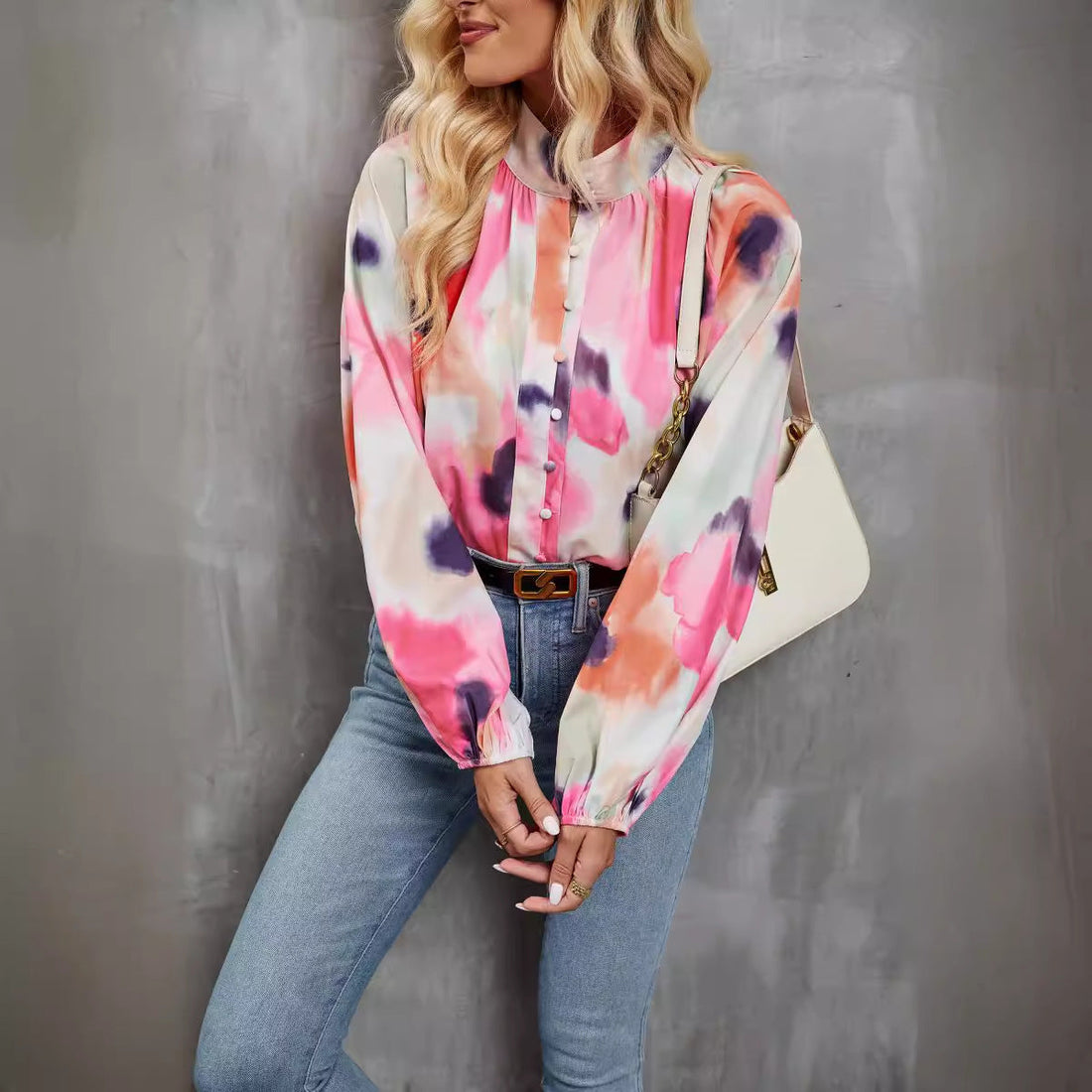 Lightweight Breathable Artistic Print Long-Sleeved Blouse