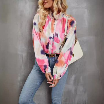 Lightweight Breathable Artistic Print Long-Sleeved Blouse