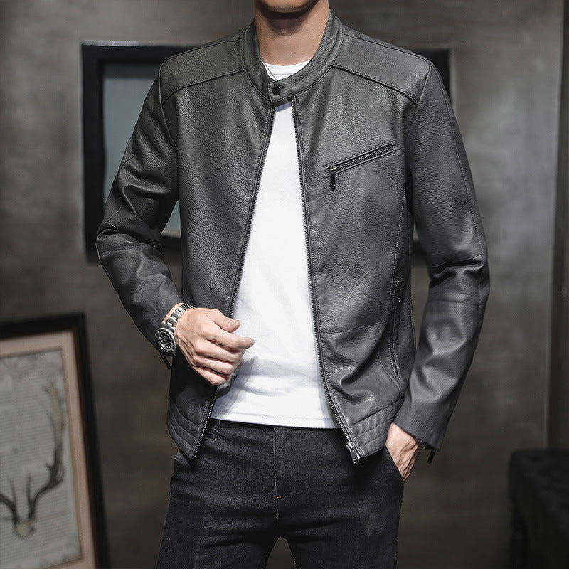 Men's Biker Jacket – Slim Fit – Leather Look – Stand Collar – Zipper Pockets