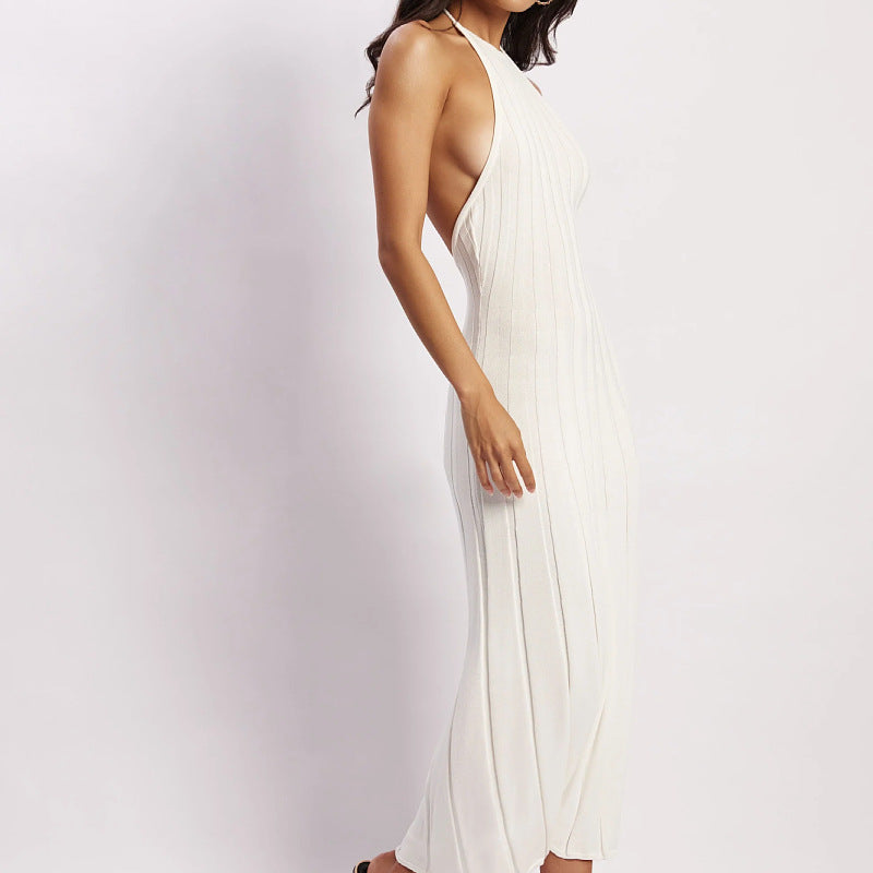 Halterneck Ribbed Pleated Knit Midi Dress