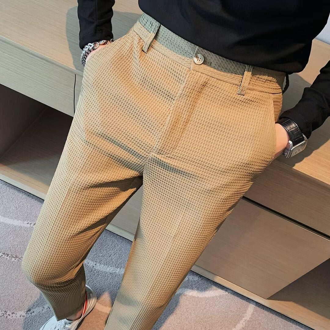 Men's Cropped Trousers – Slim Fit – Textured Lightweight Fabric – Tapered Leg