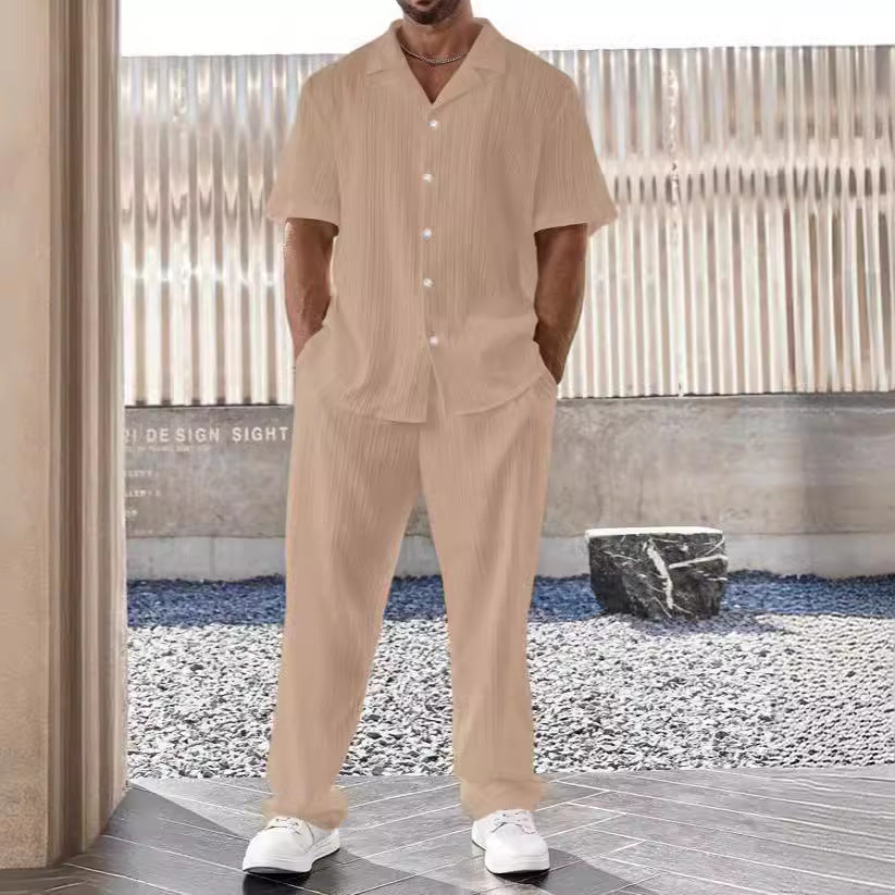 Men's set with short-sleeved shirt and trousers – Relaxed fit – Cotton linen blend