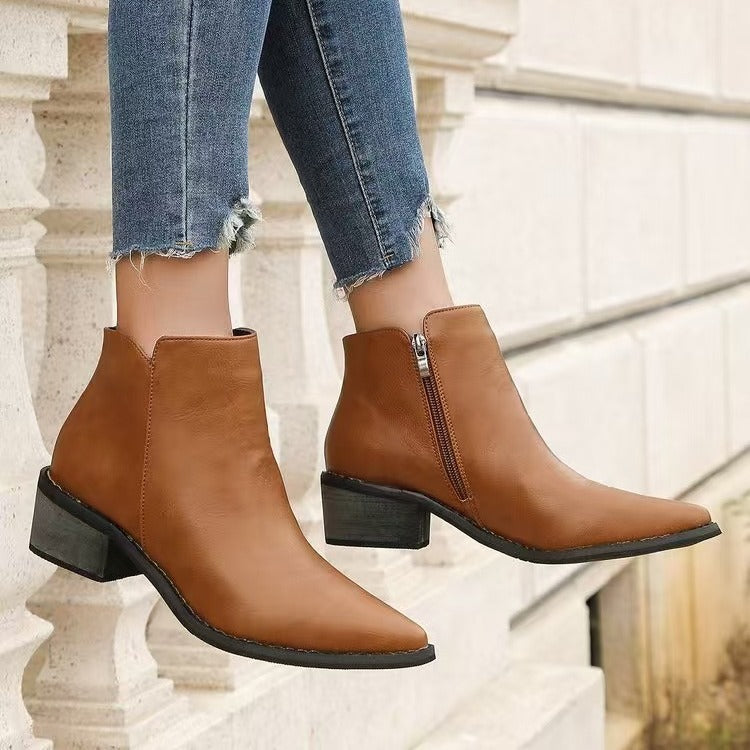 Faux Leather Pointed Toe Block Heel Ankle Boots