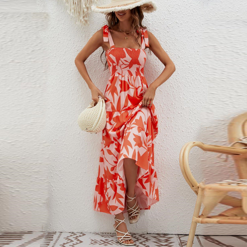 Dress for women – Maxi length – Light cotton – Tie straps – Ruffle skirt