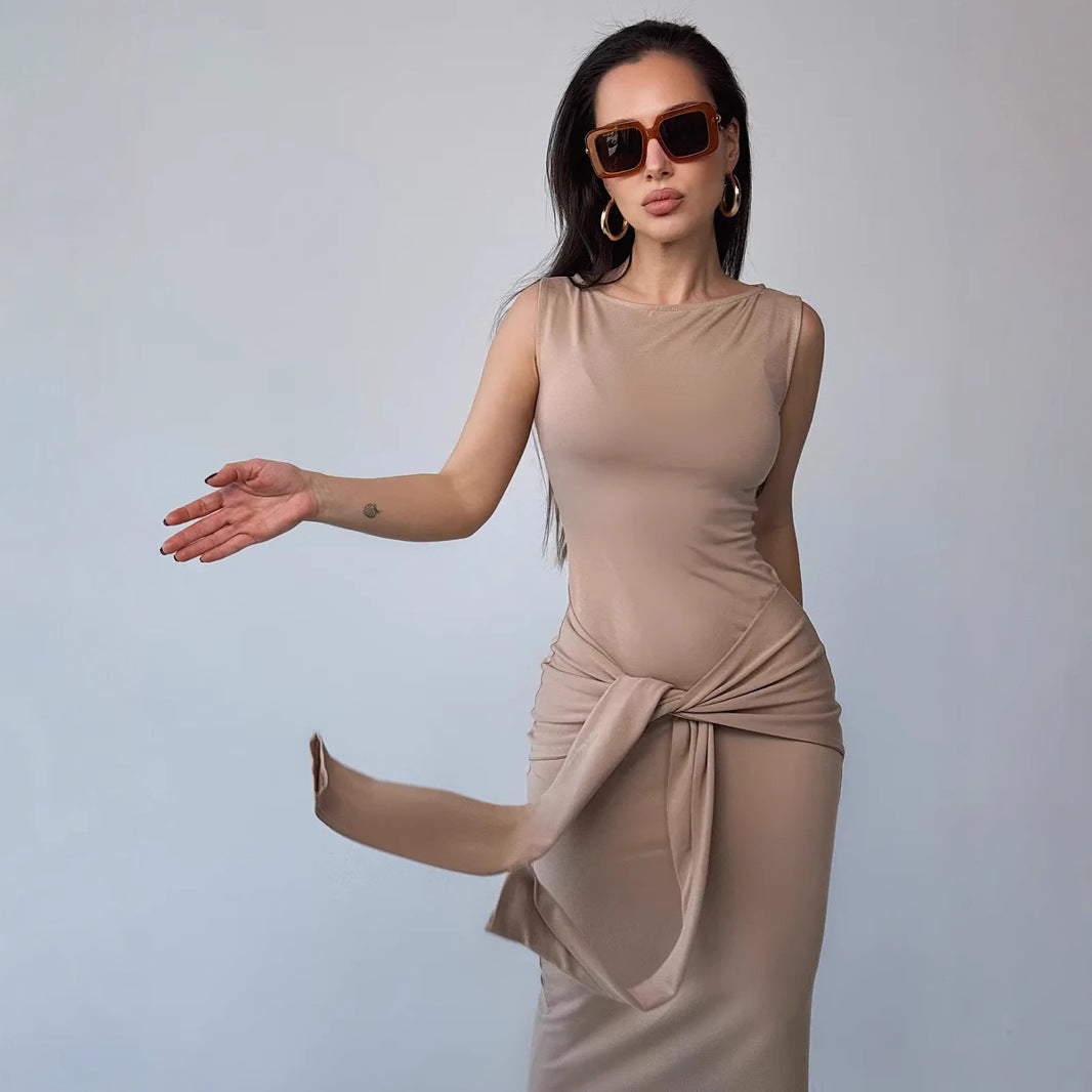 Women's Maxi Dress – Bodycon Fit – Sleeveless – Round Neck – Waistband Elegant Style