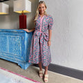 Dress for women – Midi – Floral pattern – High waist – Puff sleeves – Belt – Button closure