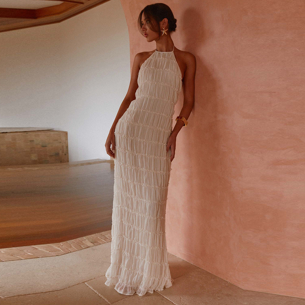 Women's Maxi Dress – Fitted Shape – Halterneck – Ruched Texture – Open Back