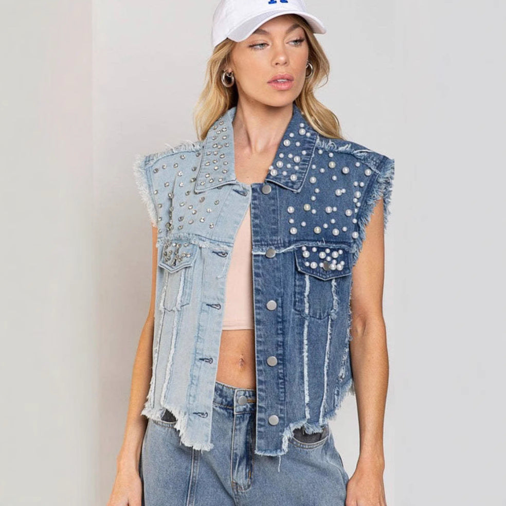 Women's Denim Vest – Cropped Fit – Studded Patchwork – Sleeveless and Distressed Design
