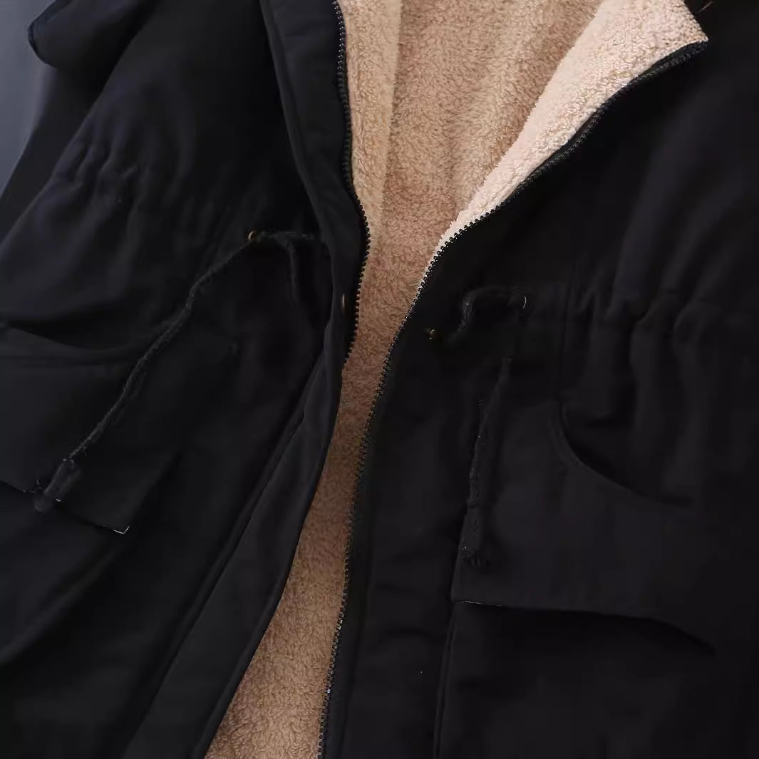 Plush Lined Hooded Drawstring Waist Parka Jacket