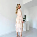 Women's Dress – Chiffon A-line – Layered Midi – Long Sleeves – High Neck Tie