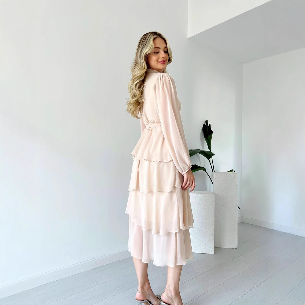 Women's Dress – Chiffon A-line – Layered Midi – Long Sleeves – High Neck Tie