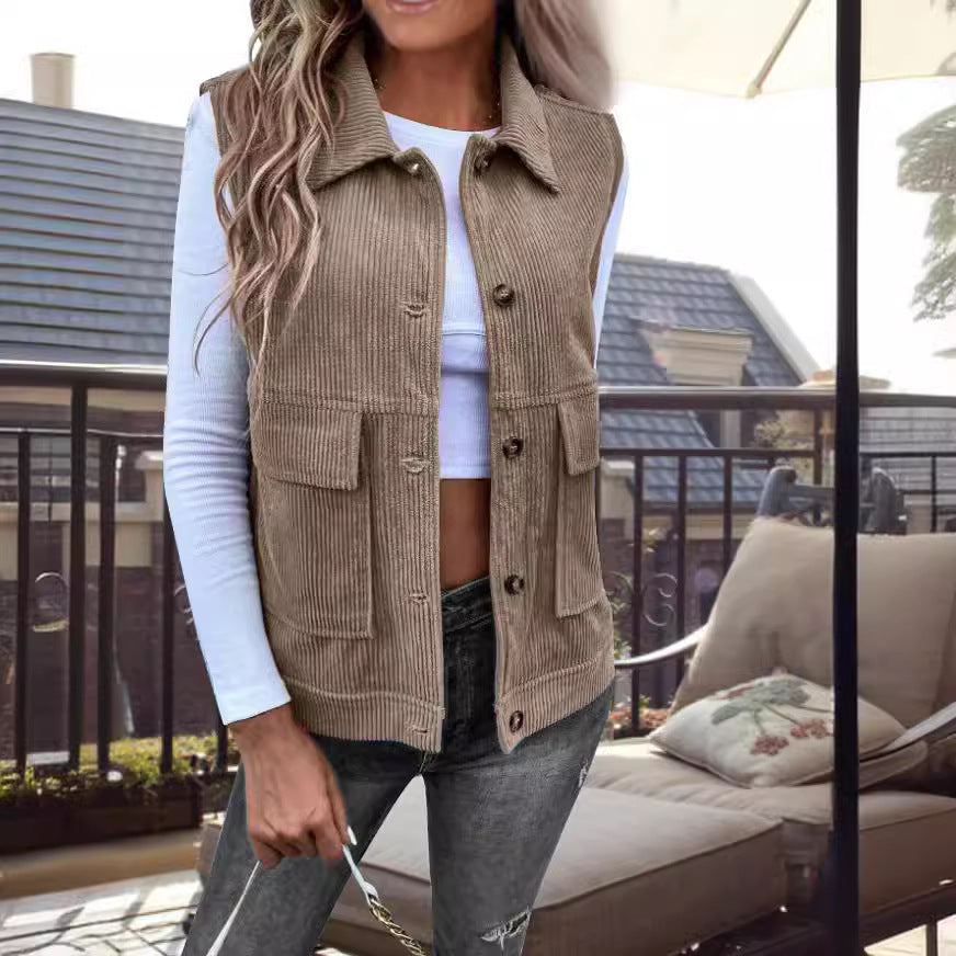 Corduroy Utility Pocket Sleeveless Cardigan Vest