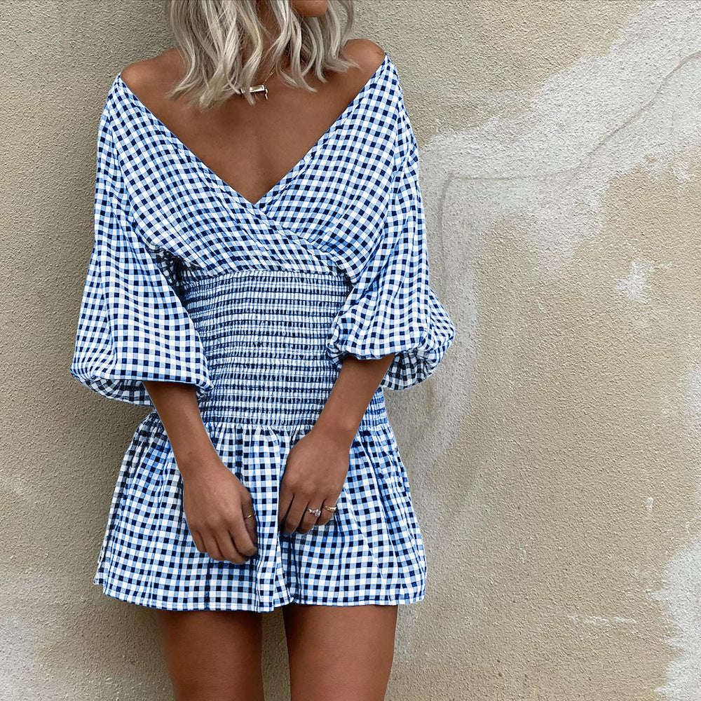 Dame Mini Kjole – Bomuldsblanding – V-hals – Puffærmer – Smocktalje – Gingham Mønster