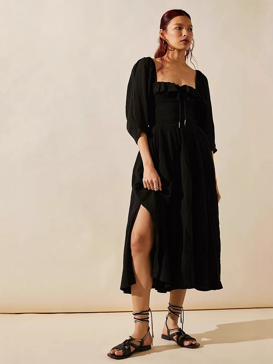 Women's Midi Dress – A-line Fit – Cotton Blend – V-neck with Ruffles – Long Sleeves